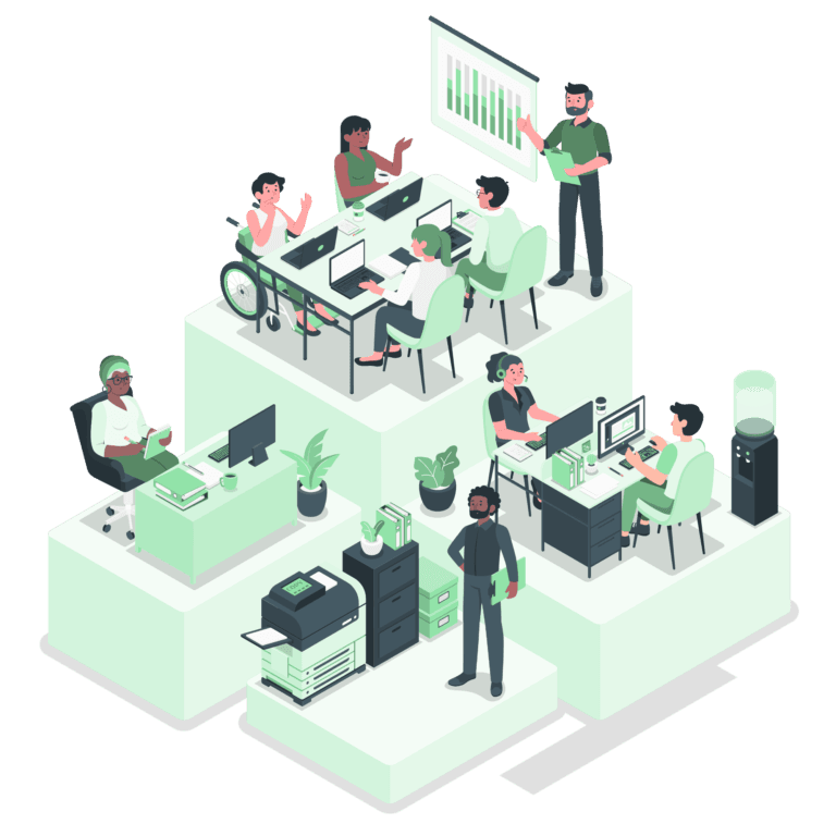 People Working Together as a team in an office space representing Najah Brand Elevation cooperative working approach and dedication.