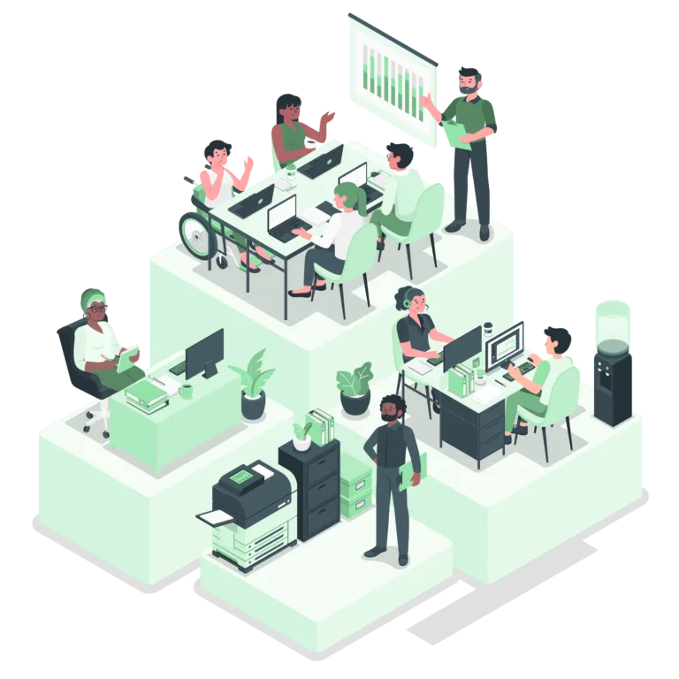 People Working Together as a team in an office space representing Najah Brand Elevation cooperative working approach and dedication.