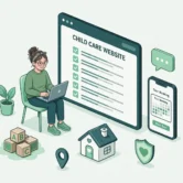 Minnesota child care provider reviewing a mobile-friendly daycare website checklist on a laptop and phone.