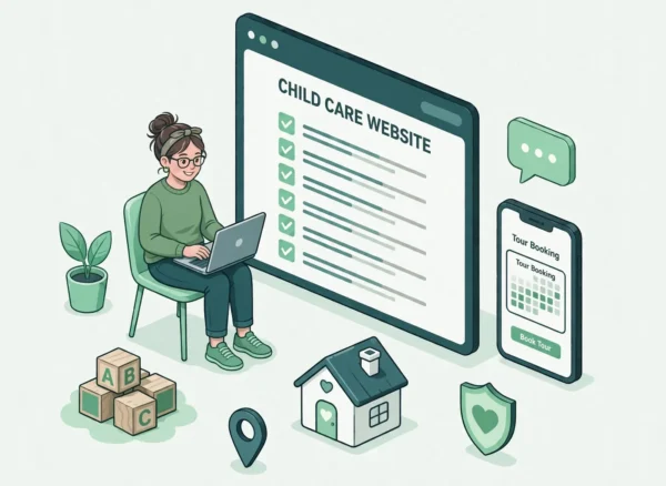 Minnesota child care provider reviewing a mobile-friendly daycare website checklist on a laptop and phone.