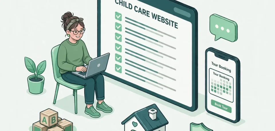Minnesota child care provider reviewing a mobile-friendly daycare website checklist on a laptop and phone.