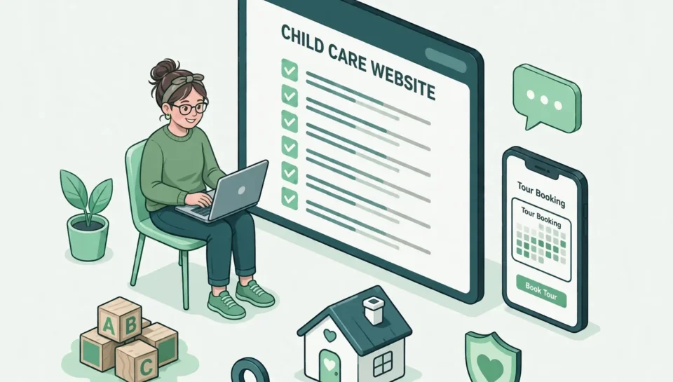 Minnesota child care provider reviewing a mobile-friendly daycare website checklist on a laptop and phone.